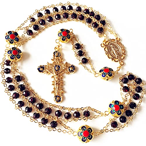 elegantmedical handmade Gold Ladder to Heaven Garnet Beads Catholic Rosary crucifix Necklace box - color: gold