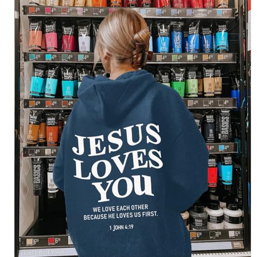 Sulayesh Christian Jesus Loves You Hoodies Women Religious Faith God Jesus Is King Sweatshirts Bible Verse Inspirational Tops - color: Deep Blue, size: Medium