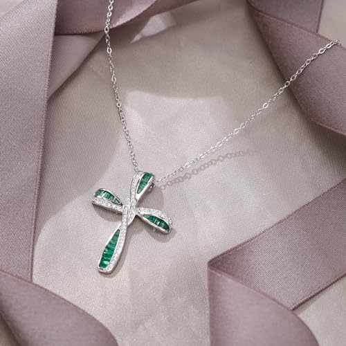 EVER FAITH S925 Silver Princess Cut CZ Infinity Twisted Cross Necklace - color: Emerald Green