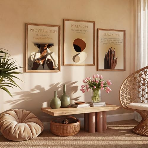 Psalm 23 Canvas Art Black Girl Scripture Wall Art Set of 3 African American Christian Wall Decor Bible Verse Posters for Bedroom Living Room Religious Paintings Unframed 16"L X 12"W