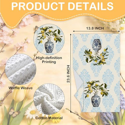 Lemon Kitchen Towels, Blue White Chinoiserie Porcelain Dish Towels, 12 - color: Yellow Lemon