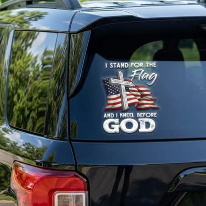 Christian Cross US Flag Car Decal – I Stand for the Flag and Kneel Before God Sticker, Patriotic Religious Vinyl Window Decal for Car Truck SUV Bumper Laptop Mirror, Waterproof – 6.2 x 4.7 Inch