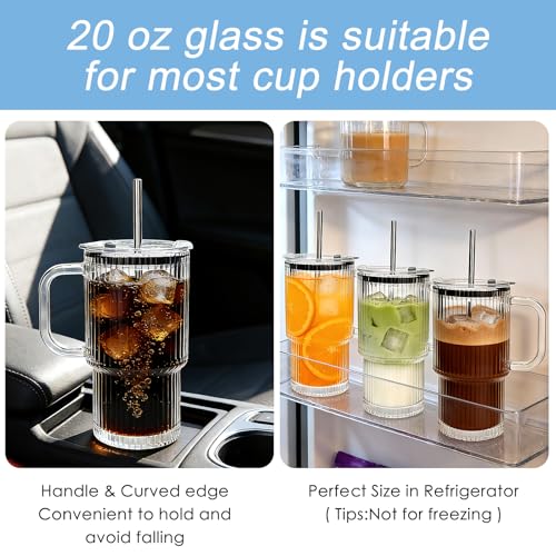 Accguan 6Pack 20oz Ribbed Glass Tumbler with Handle, Straw and Lid - size: 20oz with handle-6pcs