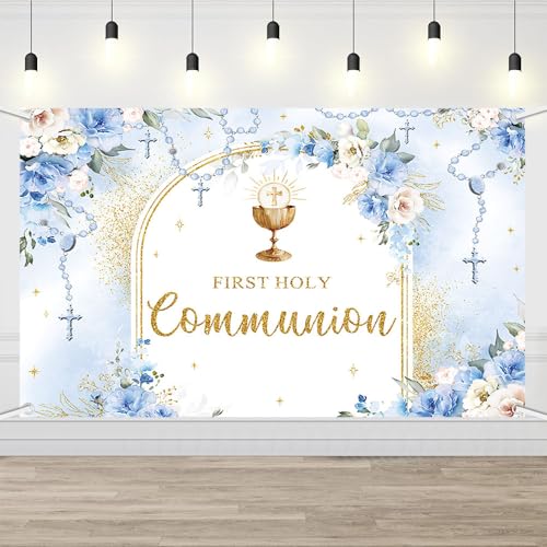 AIBIIN First Holy Communion Backdrop for Boy Mi Primera Comunión Party Decorations Blue and Elegant Floral Party Banner Flower Garland Dove Bible God Bless Party Photo Prop 6x3.6ft - color: Blue, size: 6x3.6ft