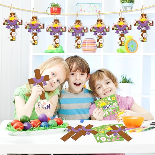Haooryx Easter He is Risen Cross Craft Kit - 28 Pack Make Your Own Jesus Resurrection Cross Hanging Ornaments Thankful Craft for Church Sunday School Classroom Christian Easter Day Party Supply - style: He is Risen Cross