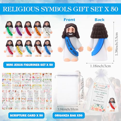 Bememo 50 Sets Christian Gifts Bulk Bible Verse Cards Include Little Jesus Figures Prayer Cards and Organza Bags for Religious Party Favors Sunday Baptism Gifts(Flower Style,Bright) - color: Bright, style: Flower Style
