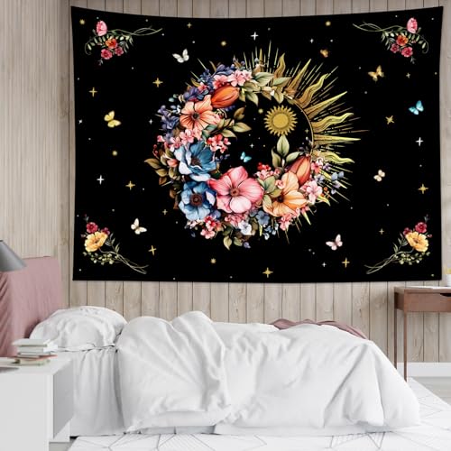 EOBTAIN Sun and Flower Tapestry Retro Hippie Plant and Butterfly on Black Wall Tapestry Abstract Boho Botanical Aesthetic Tapestries Wall Hanging Decor for Living Room Bedroom 59"x51" - color: Black, size: 51"L x 59"W