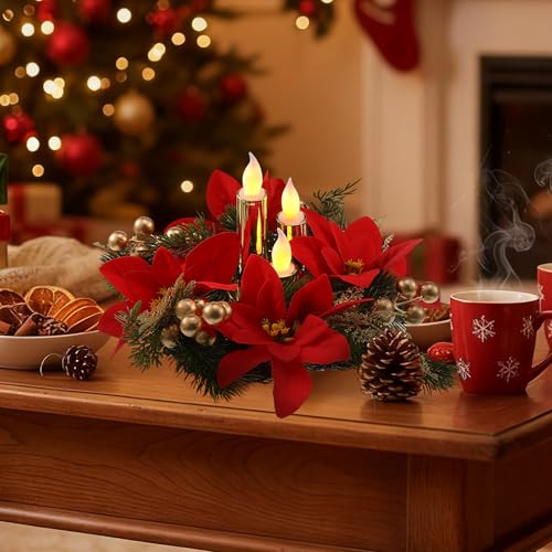 Tuanse 3 Set Poinsettia Centerpieces Christmas Floral LED Candles Decor - style: Christmas Poinsettia