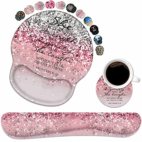 Keyboard Wrist Rest and Mouse Pad Wrist Support Set with Coasters, Non-Slip PU Base Ergonomic Gaming Mousepad for Home Office Working Studying Easy Typing & Pain Relief, Bible Verses Proverbs 31:25 - color: Pink Glitter Quote Bible Verses Proverbs 31:25