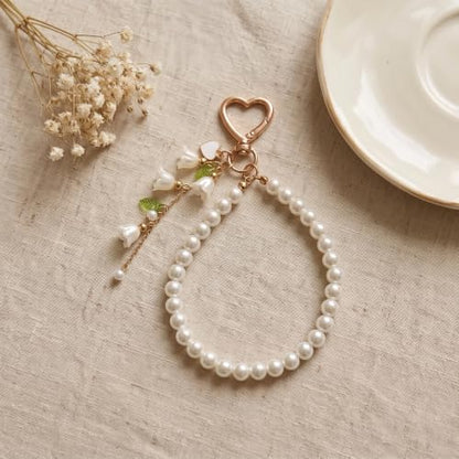 Cute Bag Charms Keychain - Pearl Keyring Wristlet Birthday Gifts - color: Green Lily of the Valley