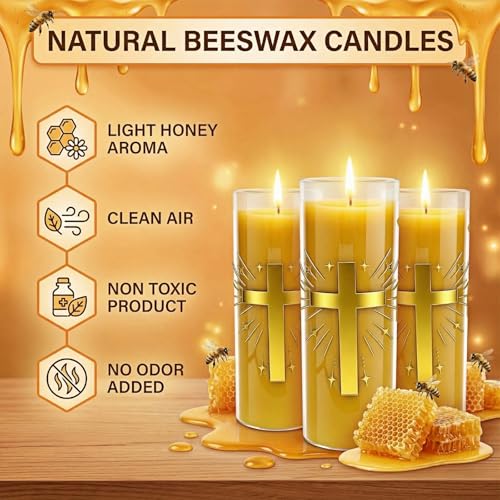 2 Pack 100% Pure Beeswax Pillar Candles in Glass Jar with Cross Design – Unscented, 80-Hour Long Burning, Dripless & Smokeless – Non-Toxic Candles for Prayer, Meditation & Religious Gifts
