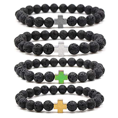 Softones 4PCS Cross Beads Bracelet for Men Women 8mm Healing Lava Stone Stretch Bracelets,7.5" - color: C:4Pcs a set