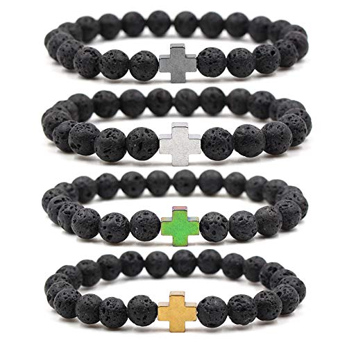 Softones 4PCS Cross Beads Bracelet for Men Women 8mm Healing Lava Stone Stretch Bracelets,7.5" - color: C:4Pcs a set