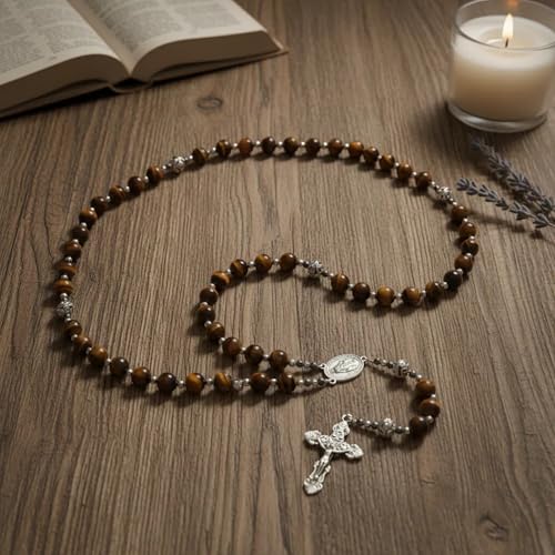 Nazareth Store Genuine Rosary Stone Beads Necklace Metal Beaded Glory Beads Miraculous Medal & Silver Cross Crucifix For Men and Womens - color: Tiger Eye