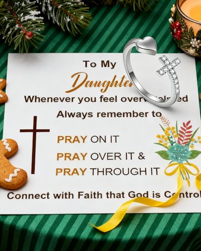 To My Daughter Ring from Mom 925 Sterling Silver Cross Ring Pray on/over/through It Rings Adjustable Anxiety Relief Rings Inspirational Cheer up Birthday Gifts for Daughter - color: A2:to my daughter ring