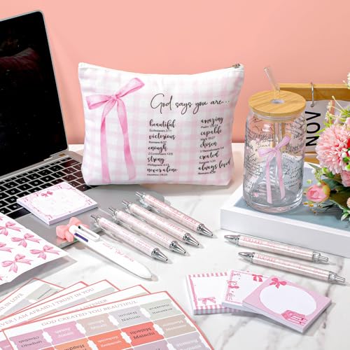 Watersay 64 Pcs Coquette Pink Bow Gift for Women Christian Pink Bow Birthday Gifts Baskets 16 oz Tumblers Preppy Makeup Bag Multicolor Ballpoint Pen Sticky Notes Stickers for Her Friends Sisters - style: Pink Bow