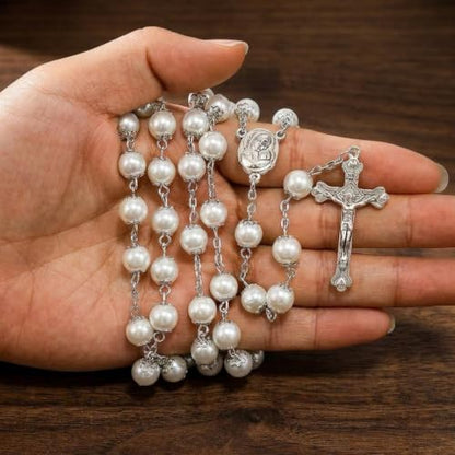 Nazareth Store Wedding White Pearl Beads Rosary Handcrafted Prayer Necklace with Holy Soil Medal and Jesus Cross Crucifix - size: Large