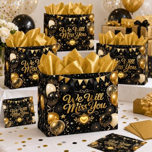 Farewell Gift Bag with Tissue Paper and Card, Black Gold Large Bag