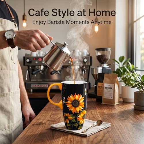 Topadorn 17oz Ceramic Travel Mug with Lid, Sunflower Coffee Mug - color: Black & Yellow