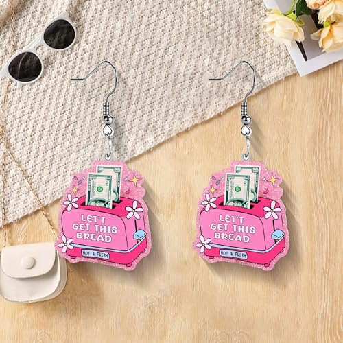 Christian Statement Earrings for Women, Acrylic Dangle Earrings, Lightweight Comfortable, Non Tarnish Hooks, Faith Jewelry, Religious Gift for Women - color: Let's Get This Bread Funny Pink Toaster