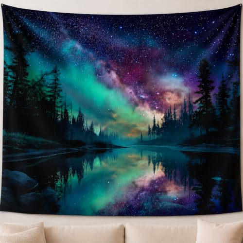 Aurora Borealis Forest Lake Tapestry, Night Sky Decor, 60 x 50 Inches - color: Teal/Cyan