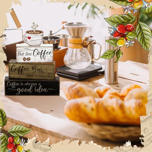 Moucuny 4 Pcs Coffee Bar Sign Wooden Blocks with Cup Topper Coffee Decor - style: Coffee Bar