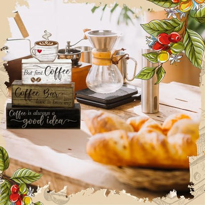Moucuny 4 Pcs Coffee Bar Sign Wooden Blocks with Cup Topper Coffee Decor - style: Coffee Bar