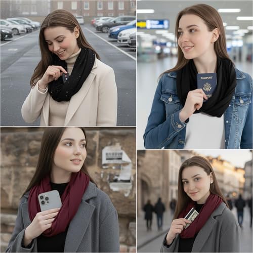 elzama Infinity Loop Solid Color Scarf With Hidden Zipper Pocket For Women - Lightweight Travel Neck Wrap - color: 11-dark Green