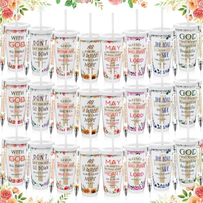 48 Pcs Christian Gifts for Women 24 oz Bible Scripture Cups with Lids Straw Religious Floral Bible Verse Ink Pens Church Religious Gift Set