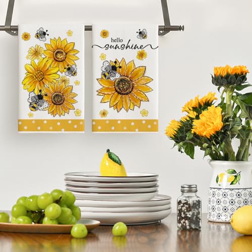 Artoid Mode Sunflower Bee Hello Sunshine Summer Kitchen Towels Dish Towels, 18x26 Inch Farmhouse Spring Decoration Cleaning Set of 2