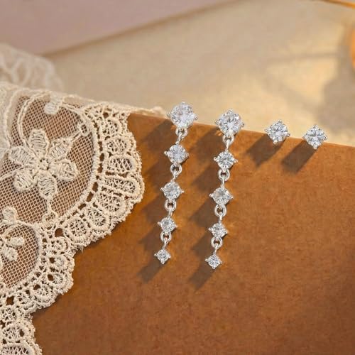 Bheop Gold Silver Dangle Earrings for Women, Cubic Zirconia Earring Stack - color: Silver-cz tassel stud set
