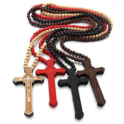 FORUBUS Wooden Cross Pendant Necklace - Wood Beads Cross Religion Necklace for Women Men Believer Prayer Baptism Jewelry - color: C red