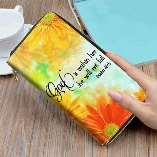 Daisy Floral Quote Bible Verses Psalm 46:5 Print Wallet for Women Large Capacity Wallet Credit Card Holder PU Leather Zipper Clutch Purse Phone Wallet - color: Daisy Floral Quote Bible Verses Psalm 46:5