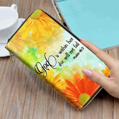 Daisy Floral Quote Bible Verses Psalm 46:5 Print Wallet for Women Large Capacity Wallet Credit Card Holder PU Leather Zipper Clutch Purse Phone Wallet - color: Daisy Floral Quote Bible Verses Psalm 46:5