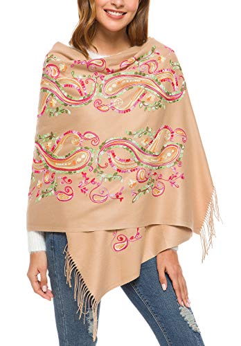 Urban CoCo Embroidered Scarf for Women, Tassel Shawl, Soft Lightweight Wrap - color: #1-camel