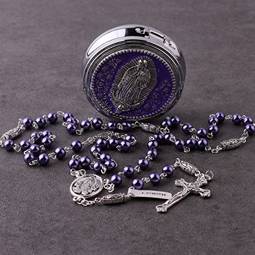 HanlinCC Guadalupe Catholic Rosary Glass Pearl Beads Necklace with Gift Box - color: Guadalupe Rosary Purple