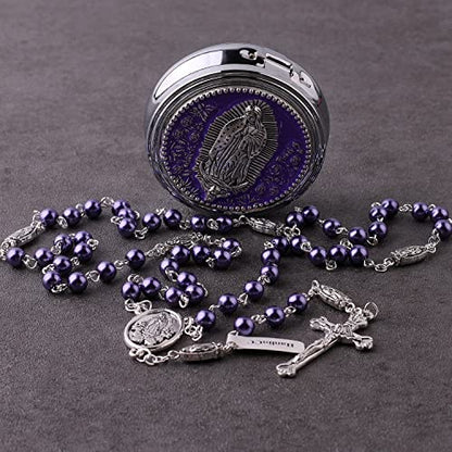 HanlinCC Guadalupe Catholic Rosary Glass Pearl Beads Necklace with Gift Box - color: Guadalupe Rosary Purple
