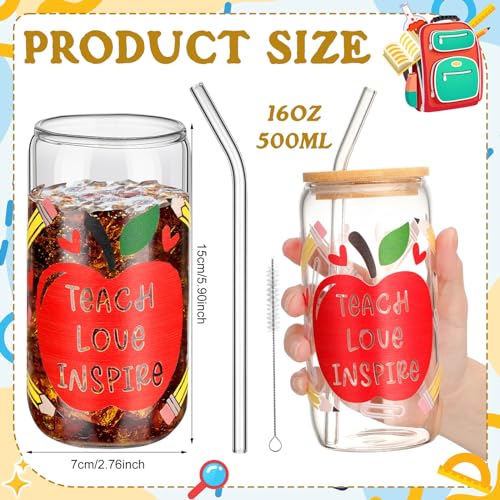 SiliFine 6 Pcs Teacher Pencil Apple Glass Cups, 16 oz with Lids and Straws - style: Inspire
