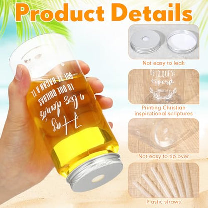 LemonRoad 20 Pack Christian Gift Religious Cups Bulk 13.5 oz Bible Verse Plastic DIY Mason Jar Cups with Straw Lid Reusable for DIY Craft Church Coworker Employee Gift Decoration(Spanish) - style: Spanish
