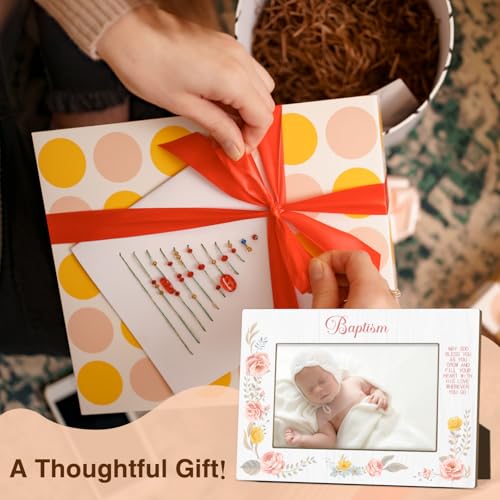 Baby Baptism Picture Frame, Girls Baptism Gifts from Godparents Friends Family, Catholic Baby Gift, Pink Flowers Wooden Picture Frame Fits 4x6 Inch Photo, Home Office Desktop Nightstand Decor -013 - color: Flowers-1