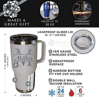 The Wedding Party Store Personalized 20 oz Stainless Steel Powder Coated Vacuum Insulated Double Walled Travel Tumbler Coffee Mug with Handle and Lid (White) - color: White