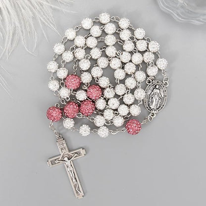 Nazareth Store Rhinestones Crystal Beads Rosary, Catholic Rosary Necklace with Silver Miraculous Medal INRI Crucifix, Multicolor Rosaries in a Gift Case - color: White with Pink Beads