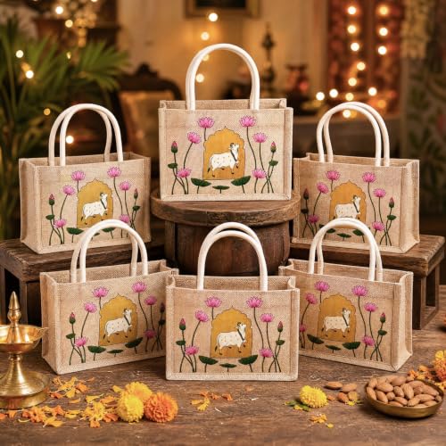 Happy Diwali Return Gift Bags, Pichwai Tote Bags - style: Gold Leaf