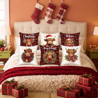 FuWeave 6 Set Christmas Pillow Covers 18 x 18 Highland Cow Pillow Case - style: Highland Cow Buffalo Plaid