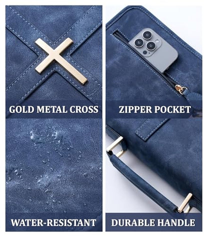 Vegan Leather Bible Cover Case, Bible Bag for Men Women, Gift Box Packaging - color: Indigo