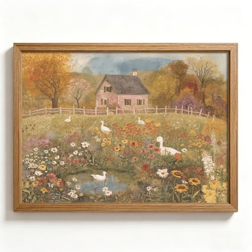 Vintage Duck Wall Art Farmhouse Animal Painting Country Cottage Canvas Wall Decor Cottagecore Nursery Picture Rustic Folk Art Print Pond Landscape Artwork for Bedroom Bathroom 12x16 Inch Framed - color: Garden Ducks Prints, size: 16"L x 12"W