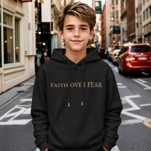 Fkatuzi Christian Faith Over Fear Hoodies For Teen Jesus Hoodie God Sweatshirt Bible Verse Religious Graphic Tops - color: Black, size: Medium