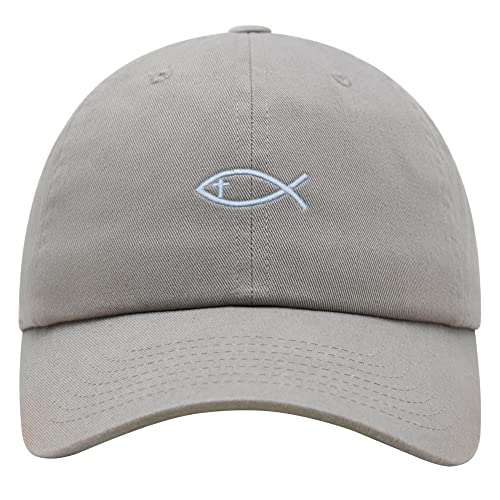 JPAK Jesus Fish Symbol Premium Dad Hat Embroidered Cotton Baseball Cap Symbol of Christianity - color: Light Gray