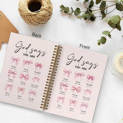 Pink Christian God Says You Are Beautiful Spiral Notebook, Pink Bow Journal Notebook, Bible Journal Notebooks, Coquette Christian Scripture Office Supplies Gifts for Women Girls, 5.5X8.3 Inch