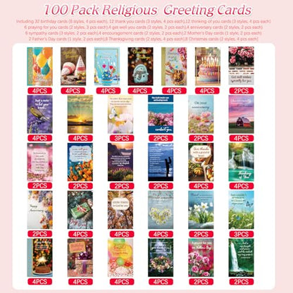 Motiskyy 100 Pack Religious All Occasion Cards, Christian Greeting Blessing Cards Assortment with Scripture Inspirational Prayer and Envelopes Stickers for Christmas Birthday Thinking of You